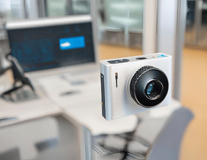 A digital camera with a secure lock icon and a VPS server in the background, symbolizing enhanced security for camera data through affordable Windows VPS solutions.