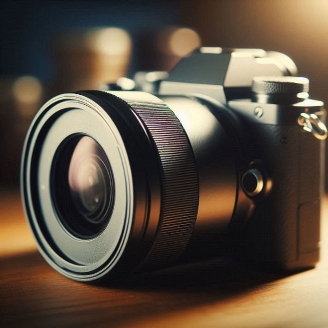 A sleek digital camera rests on a wooden desk, with its lens facing forward and a soft light highlighting its details.
