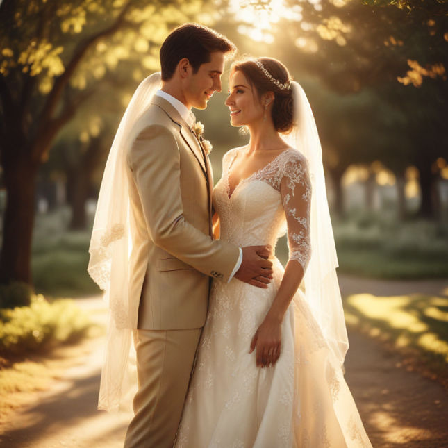 A bride and groom under soft golden light, with a vintage film-inspired tone and grain effect.