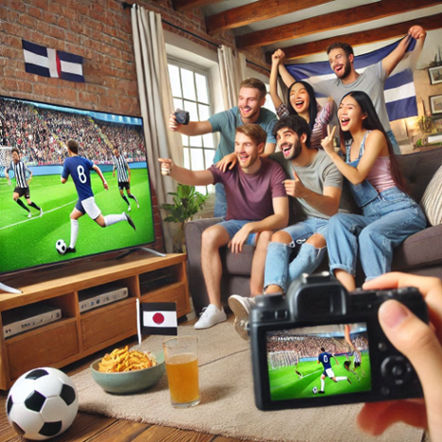 A lively living room scene featuring friends watching an overseas soccer game on a TV, while a digital camera captures the moment for social sharing.