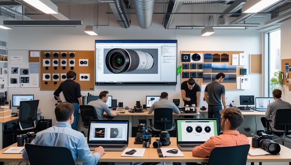 Team works on digital camera development with laptops and lens prototypes visible.
