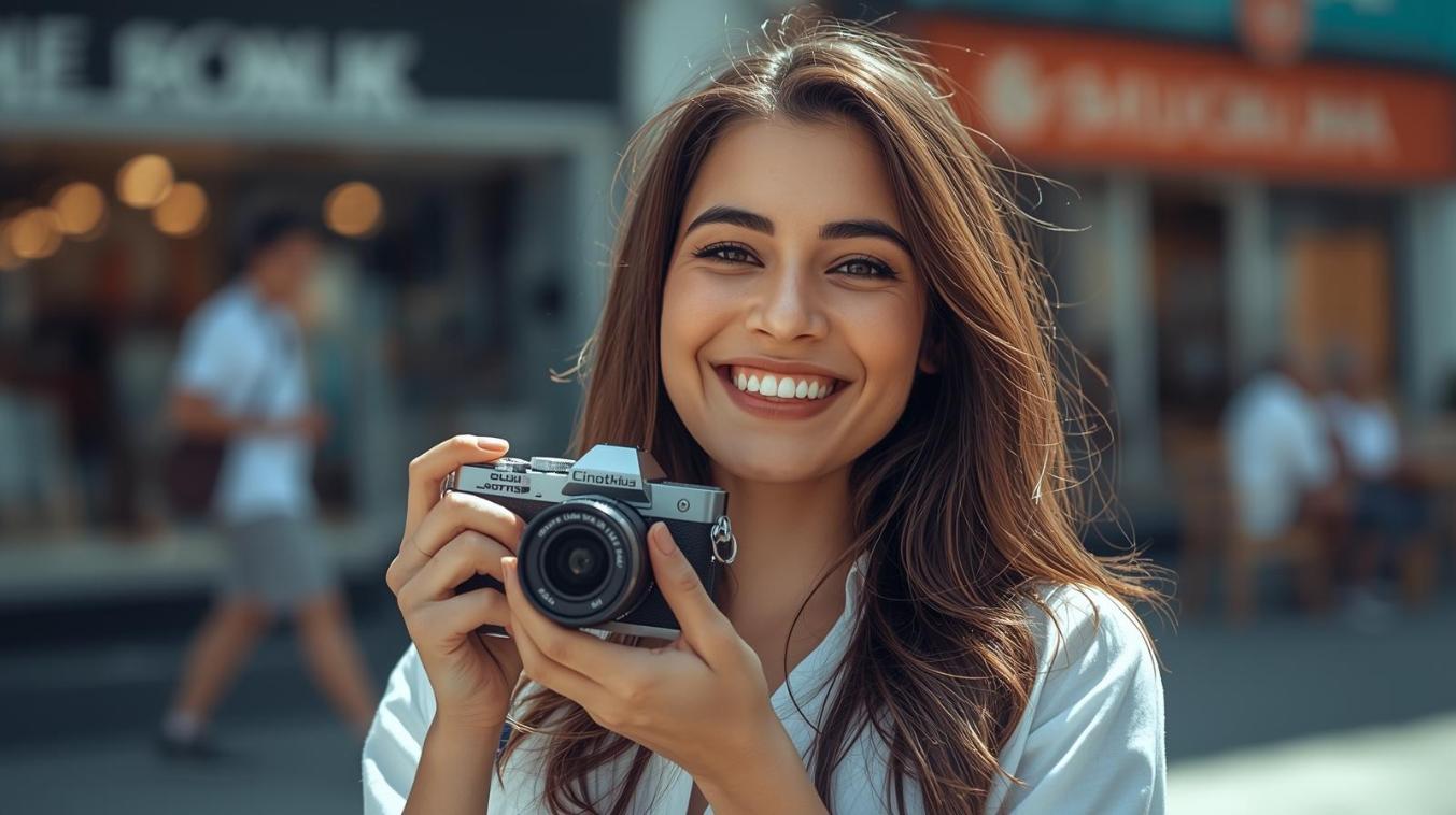 Close-up of mirrorless camera in hand with blurred lively street background.