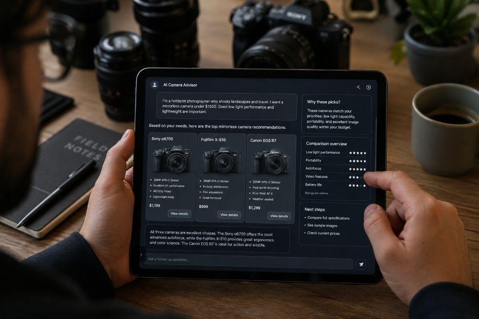 photographer researching mirrorless cameras